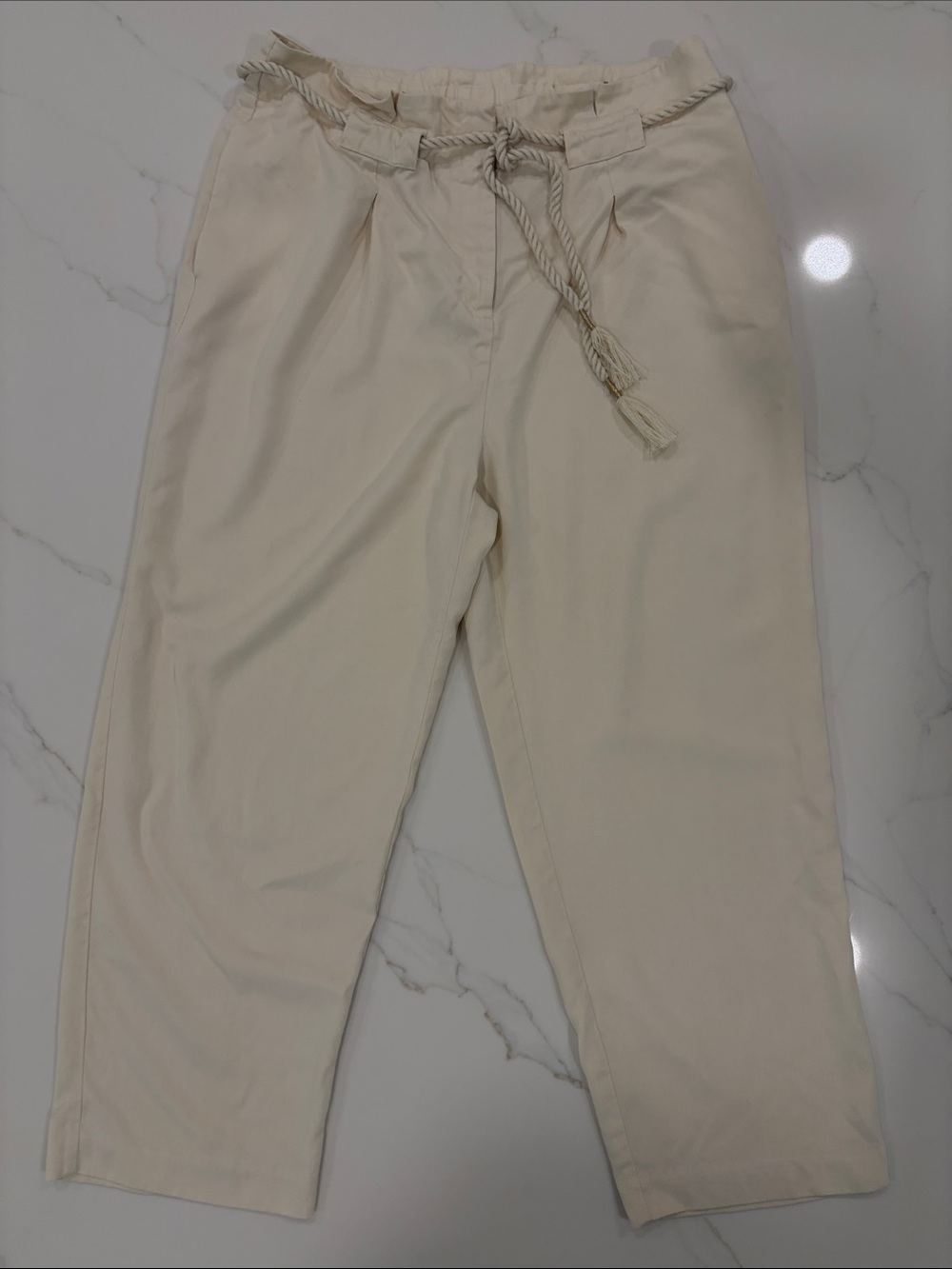 Chico's Cream Paperbag-Waist Capris with Rope Tie
